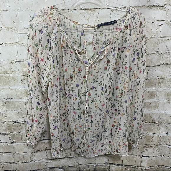Zara Basic Ivory Floral Print Silk V Neck Tie Blouse - Picture 1 of 6